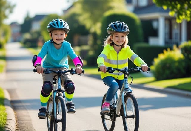 To børn på cykler iført cykelhjelme og sikkerhedsudstyr på en solrig gade.
