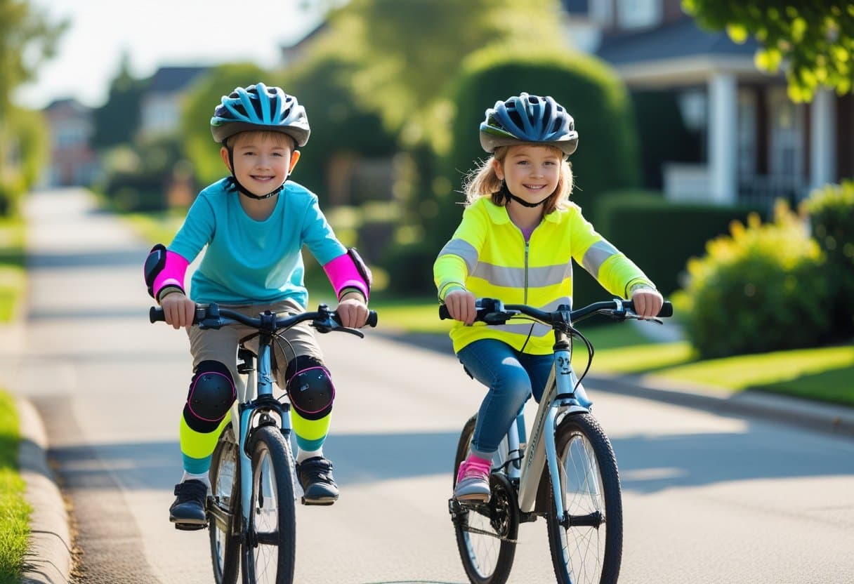 To børn på cykler iført cykelhjelme og sikkerhedsudstyr på en solrig gade.