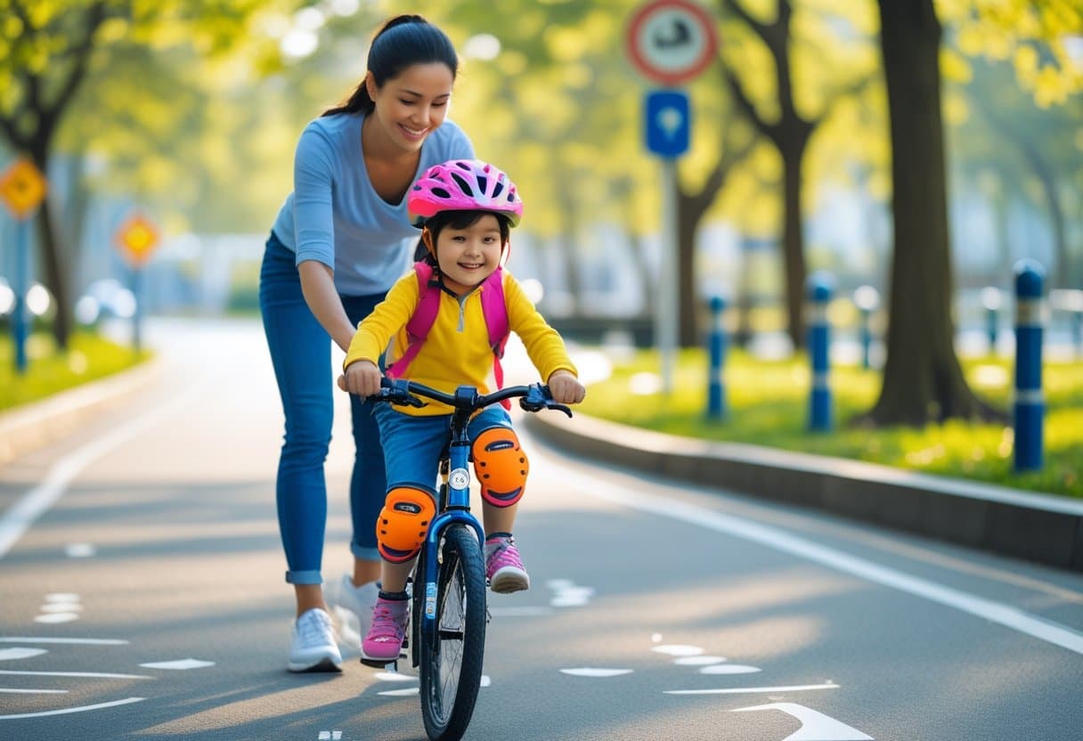 Et barn iført cykelhjelm og beskyttelsesudstyr lærer at cykle med en voksen ved siden af på en cykelsti i en park.