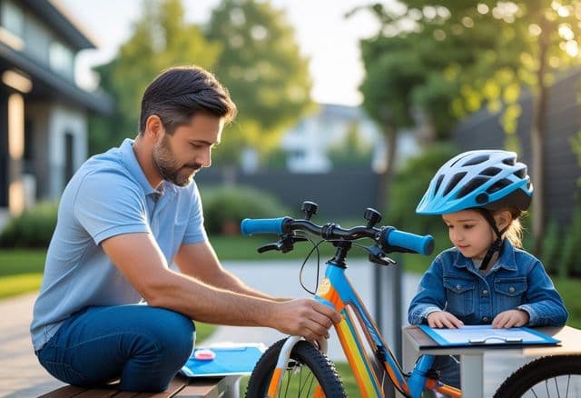 En forælder tjekker sikkerheden på en børnecykel, mens et barn med cykelhjelm ser på udendørs.